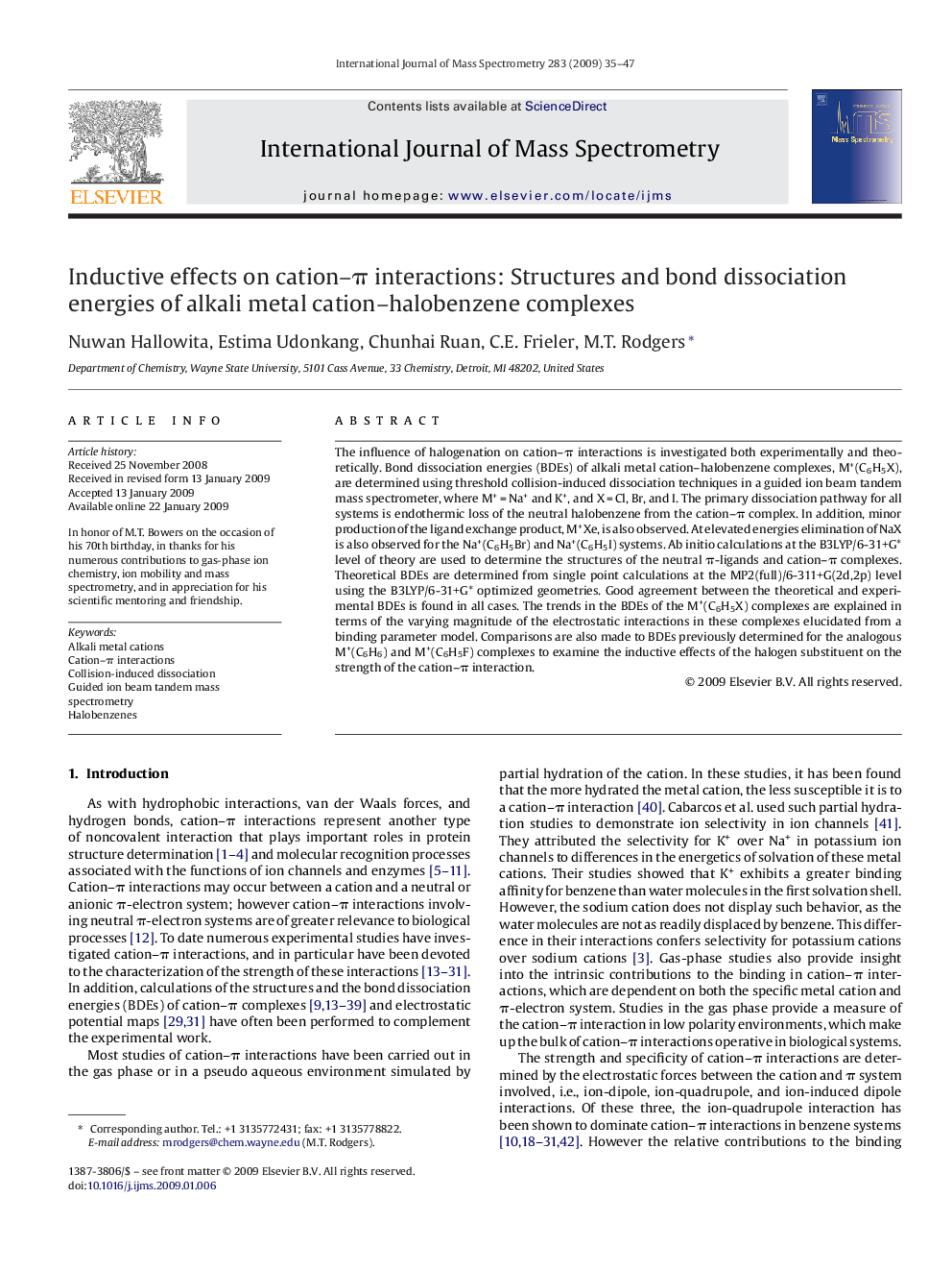 Inductive effects on cation–π interactions: Structures and bond dissociation energies of alkali metal cation–halobenzene complexes