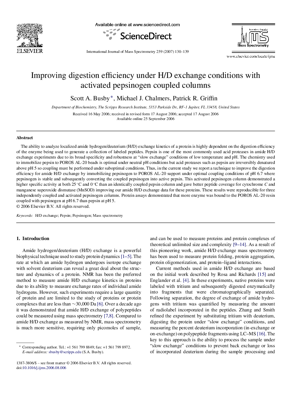 Improving digestion efficiency under H/D exchange conditions with activated pepsinogen coupled columns