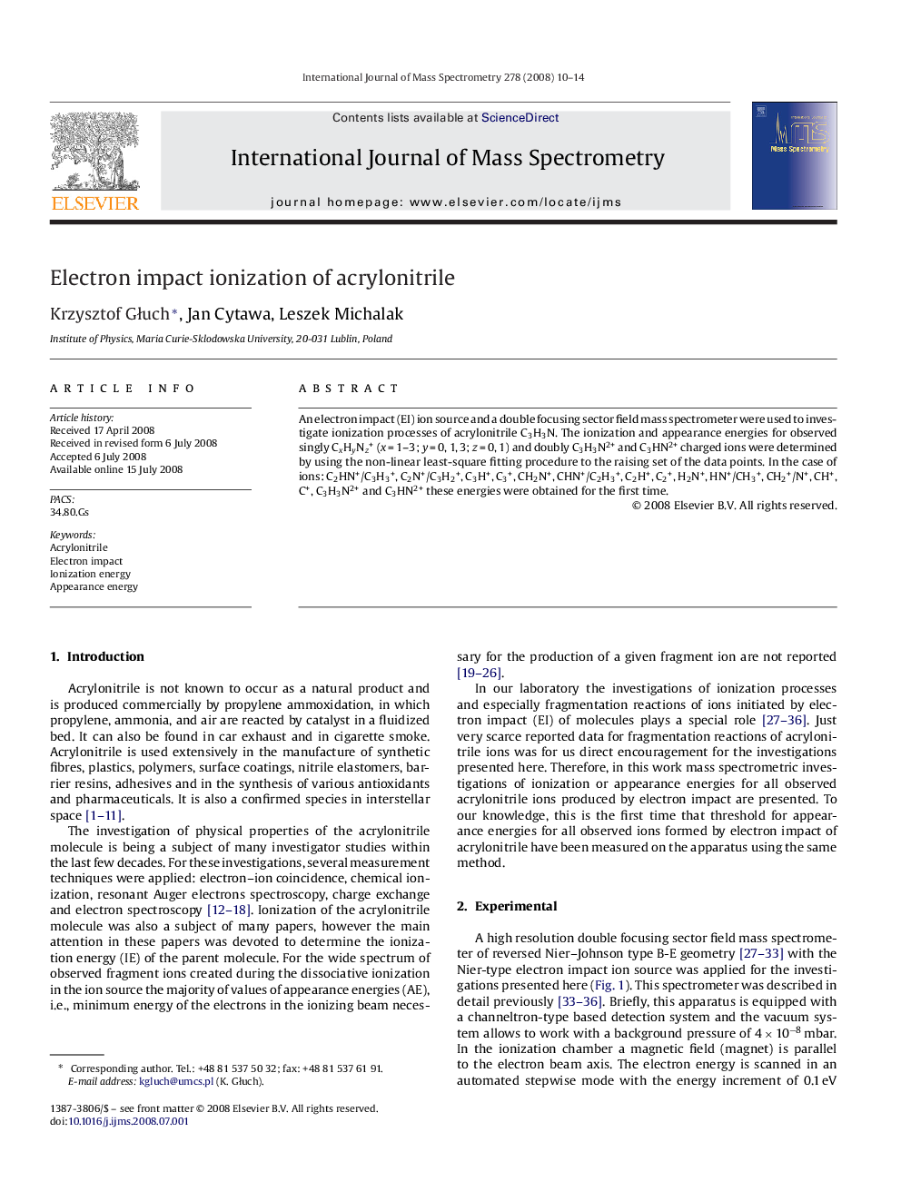 Electron impact ionization of acrylonitrile