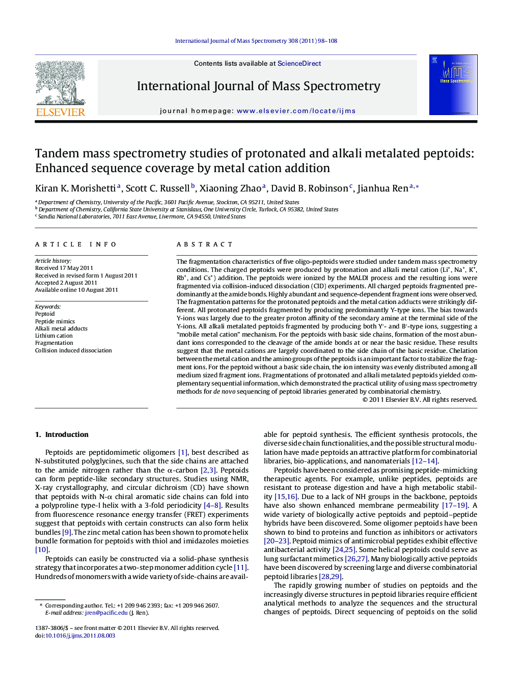 Tandem mass spectrometry studies of protonated and alkali metalated peptoids: Enhanced sequence coverage by metal cation addition