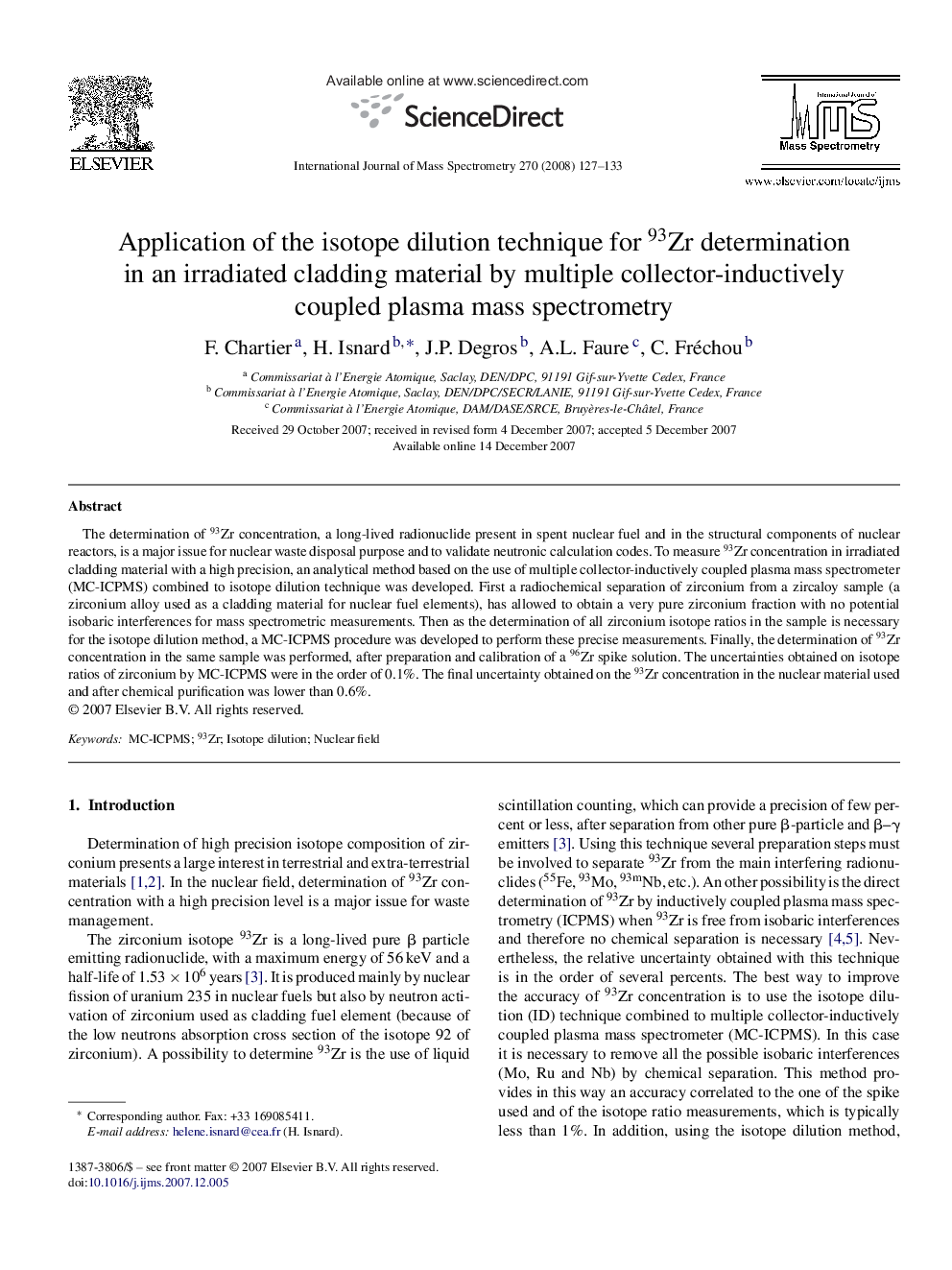 Application of the isotope dilution technique for 93Zr determination in an irradiated cladding material by multiple collector-inductively coupled plasma mass spectrometry