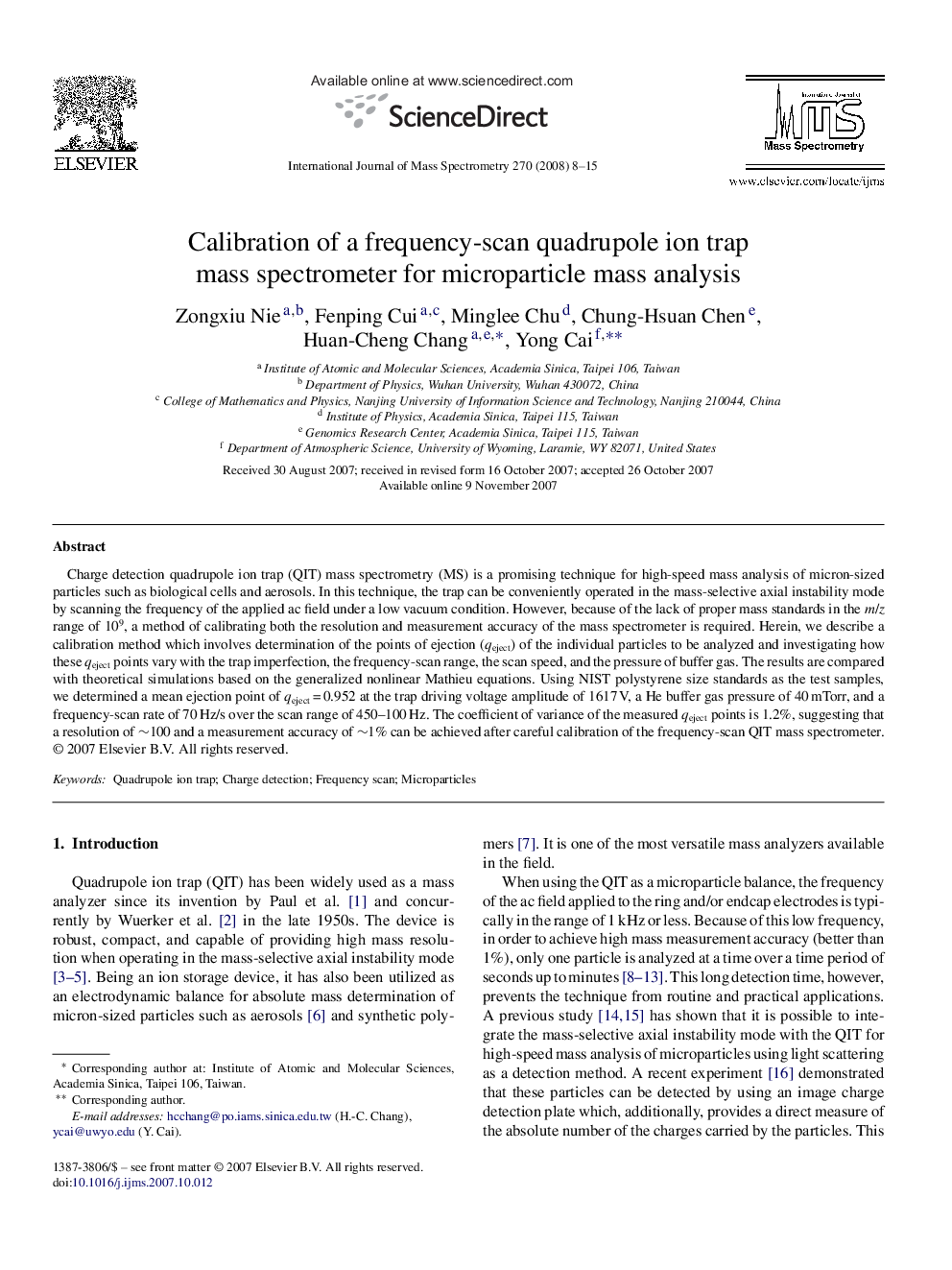 Calibration of a frequency-scan quadrupole ion trap mass spectrometer for microparticle mass analysis