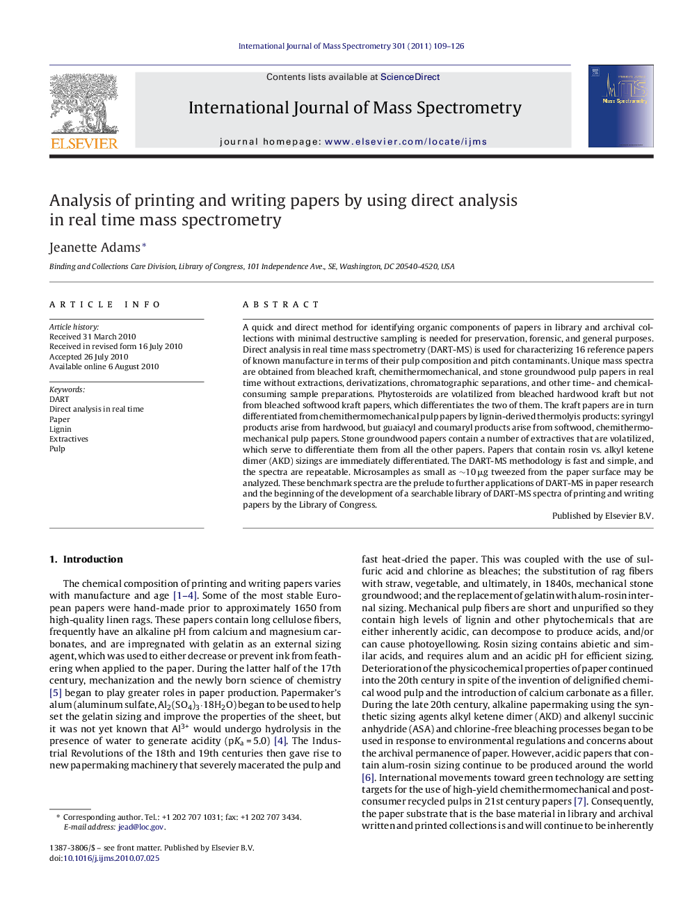 Analysis of printing and writing papers by using direct analysis in real time mass spectrometry