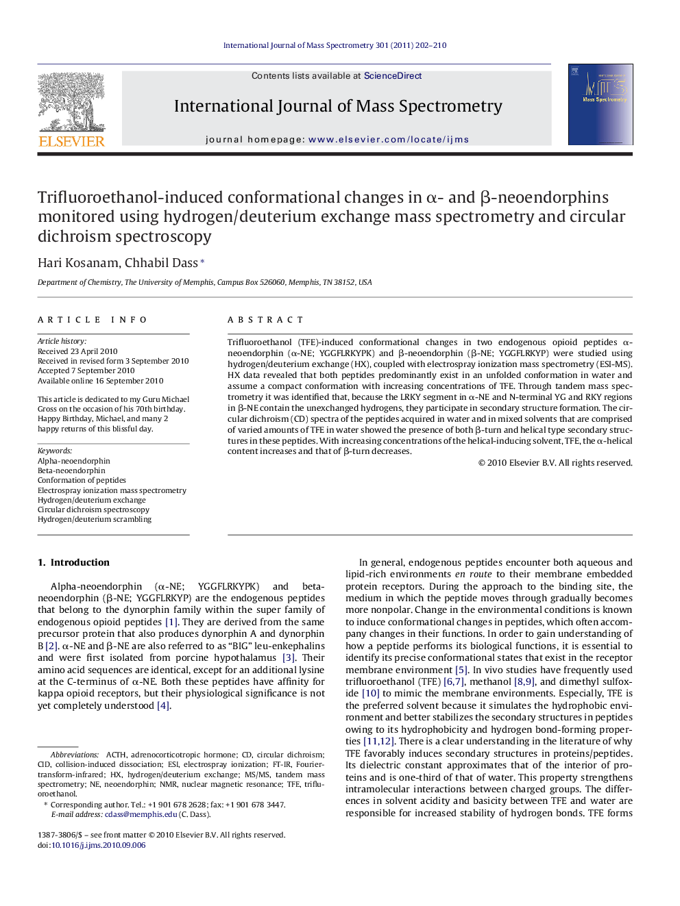 Trifluoroethanol-induced conformational changes in Î±- and Î²-neoendorphins monitored using hydrogen/deuterium exchange mass spectrometry and circular dichroism spectroscopy