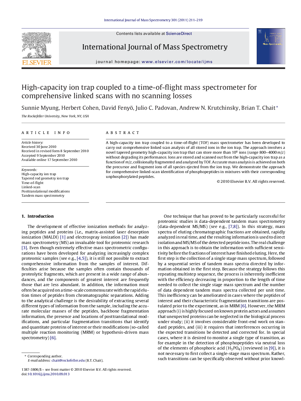 High-capacity ion trap coupled to a time-of-flight mass spectrometer for comprehensive linked scans with no scanning losses