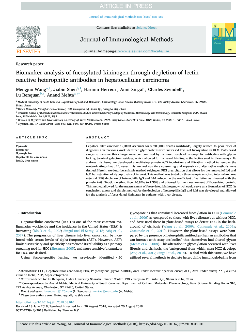 Biomarker analysis of fucosylated kininogen through depletion of lectin reactive heterophilic antibodies in hepatocellular carcinoma