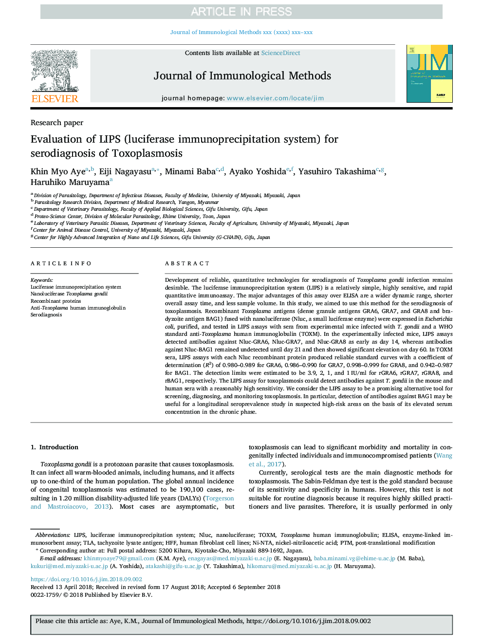 Evaluation of LIPS (luciferase immunoprecipitation system) for serodiagnosis of Toxoplasmosis