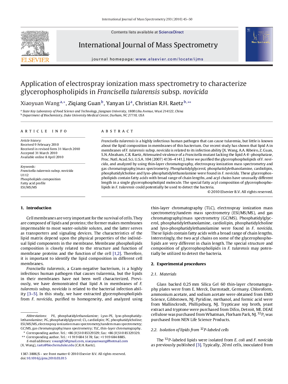 Application of electrospray ionization mass spectrometry to characterize glycerophospholipids in Francisella tularensis subsp. novicida