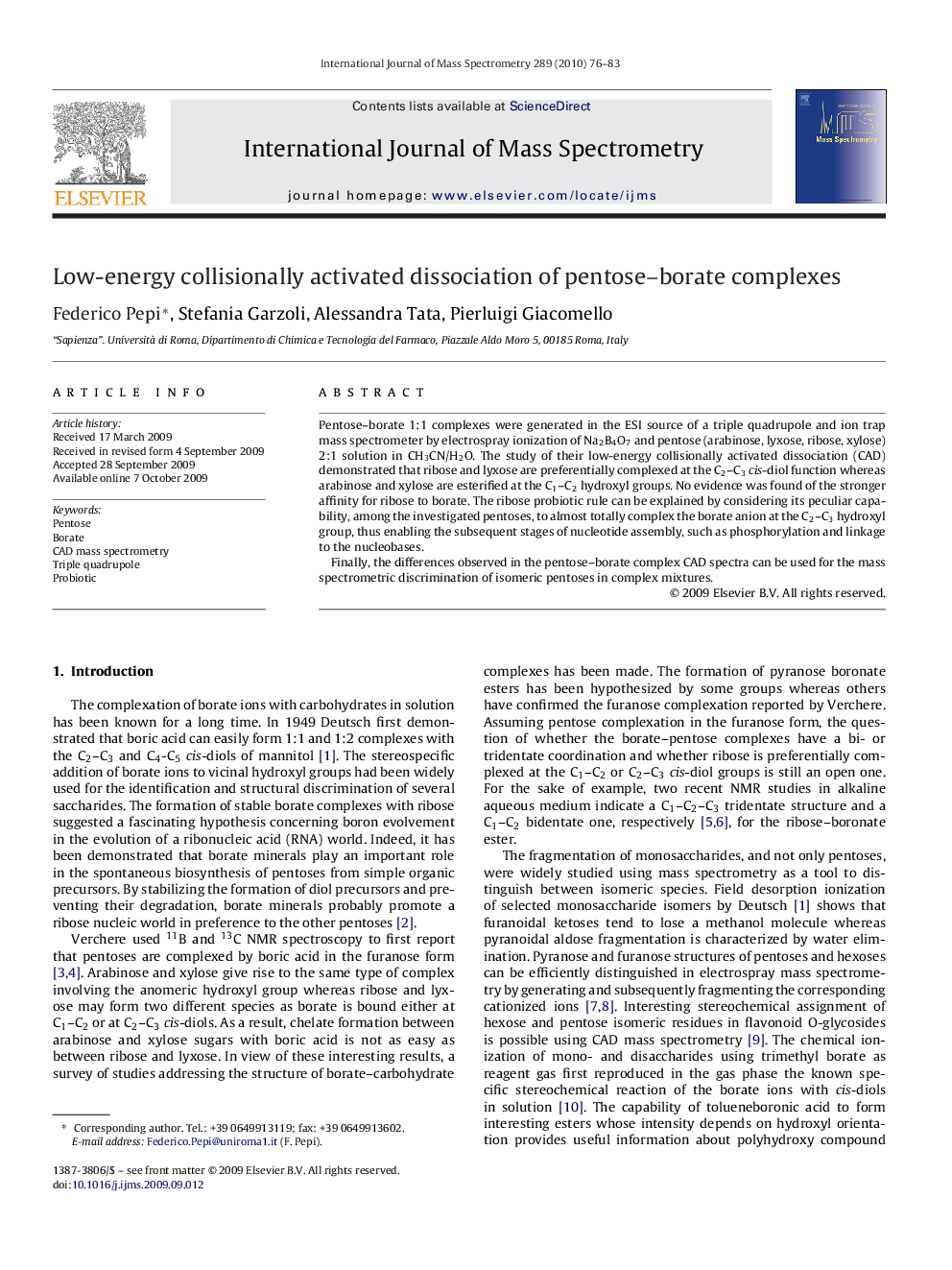 Low-energy collisionally activated dissociation of pentose–borate complexes