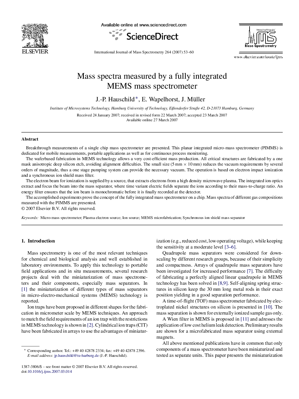 Mass spectra measured by a fully integrated MEMS mass spectrometer