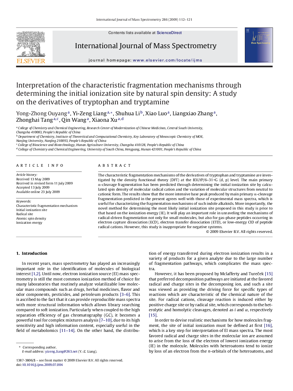 Interpretation of the characteristic fragmentation mechanisms through determining the initial ionization site by natural spin density: A study on the derivatives of tryptophan and tryptamine