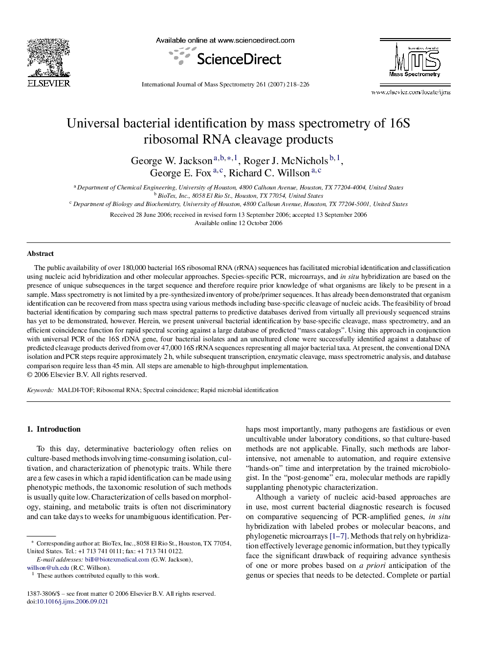 Universal bacterial identification by mass spectrometry of 16S ribosomal RNA cleavage products