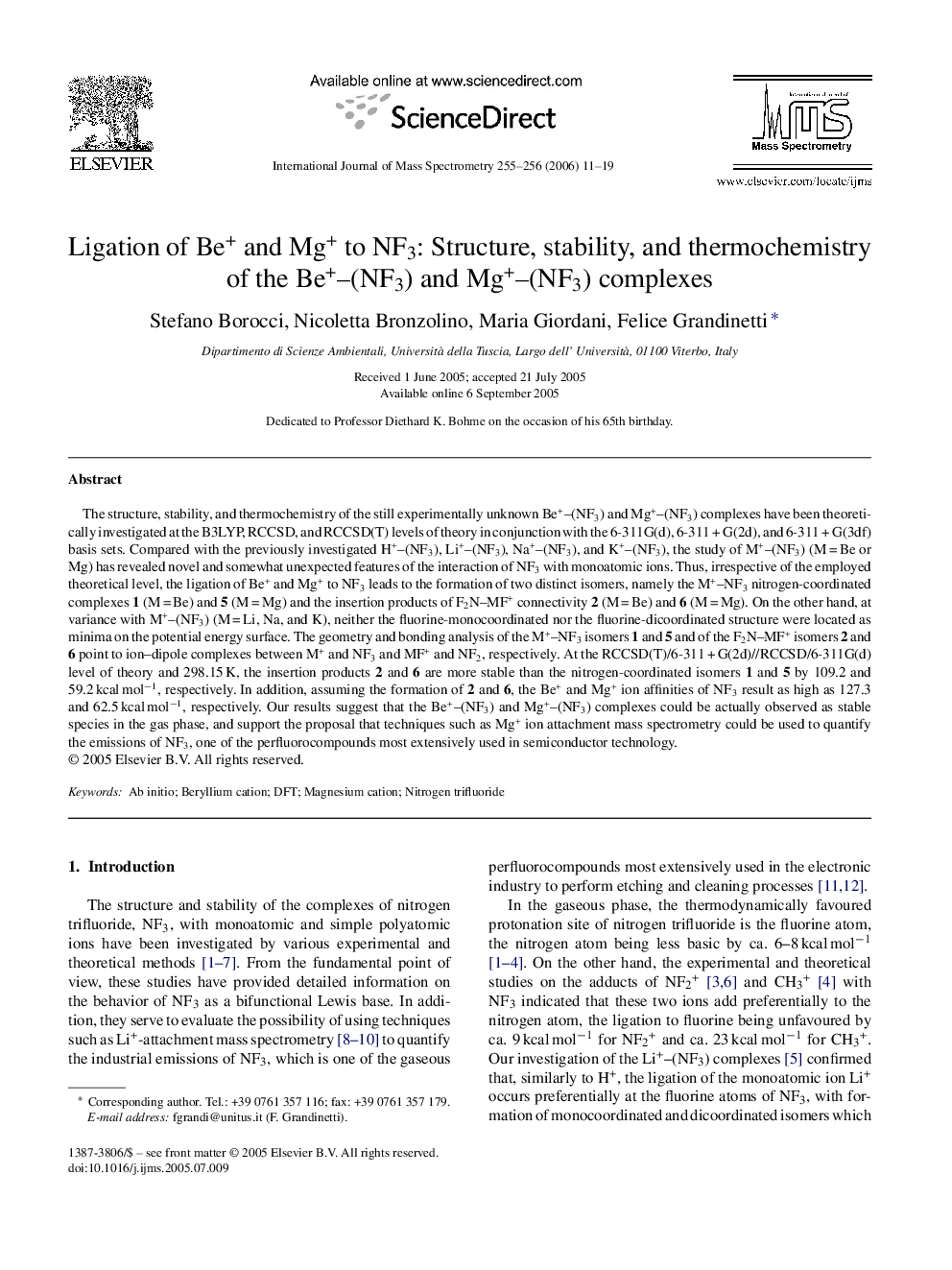 عکس صفحه اول مقاله: Ligation of Be+ and Mg+ to NF3: Structure, stability, and thermochemistry of the Be+-(NF3) and Mg+-(NF3) complexes Ligation of Be+ and Mg+ to NF3: Structure, stability, and thermochemistry of the Be+-(NF3) and Mg+-(NF3) complexes