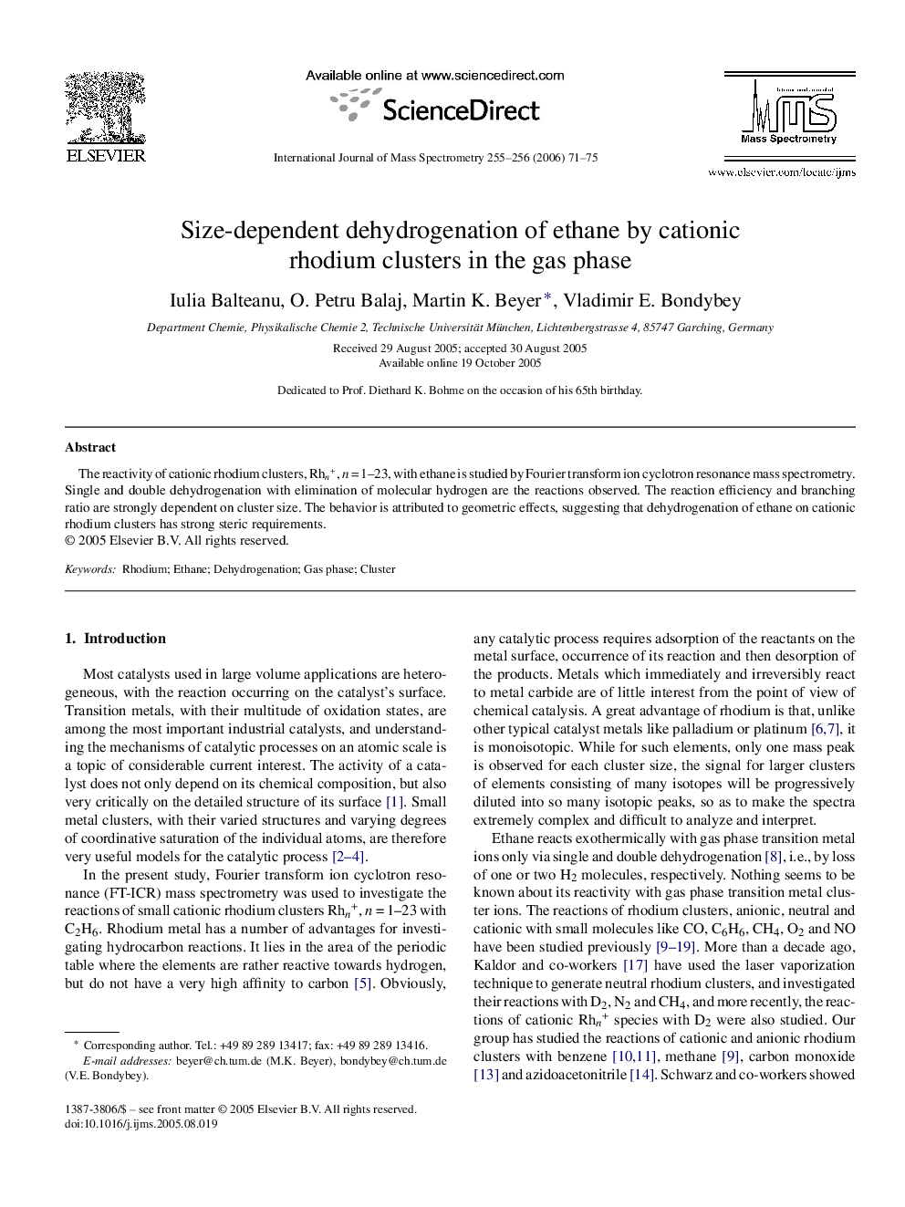 Size-dependent dehydrogenation of ethane by cationic rhodium clusters in the gas phase