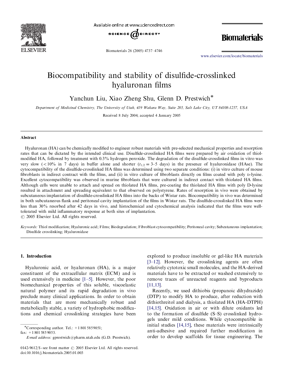 Biocompatibility and stability of disulfide-crosslinked hyaluronan films