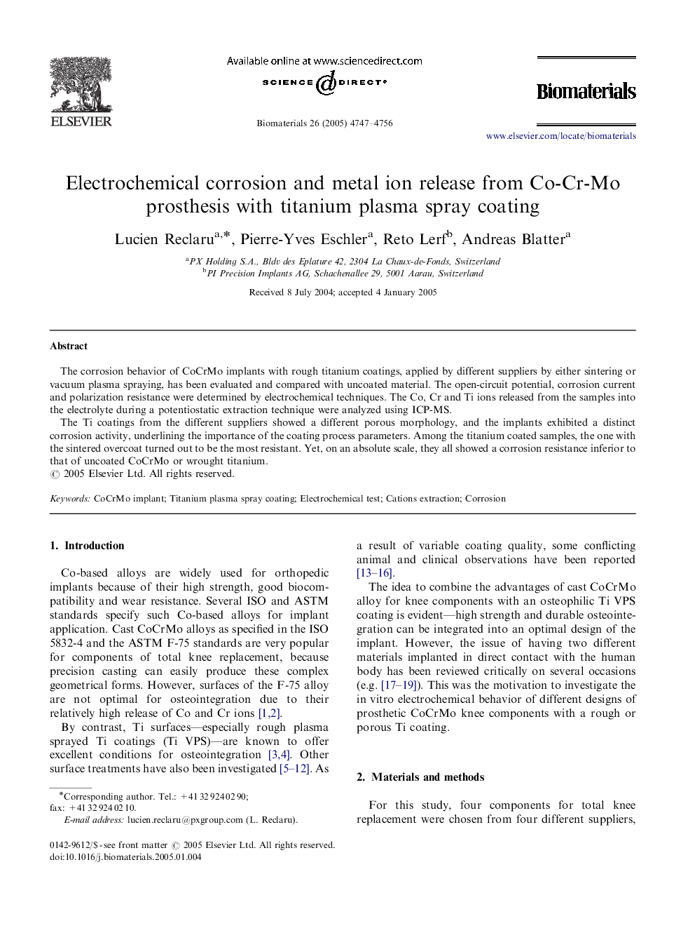 Electrochemical corrosion and metal ion release from Co-Cr-Mo prosthesis with titanium plasma spray coating