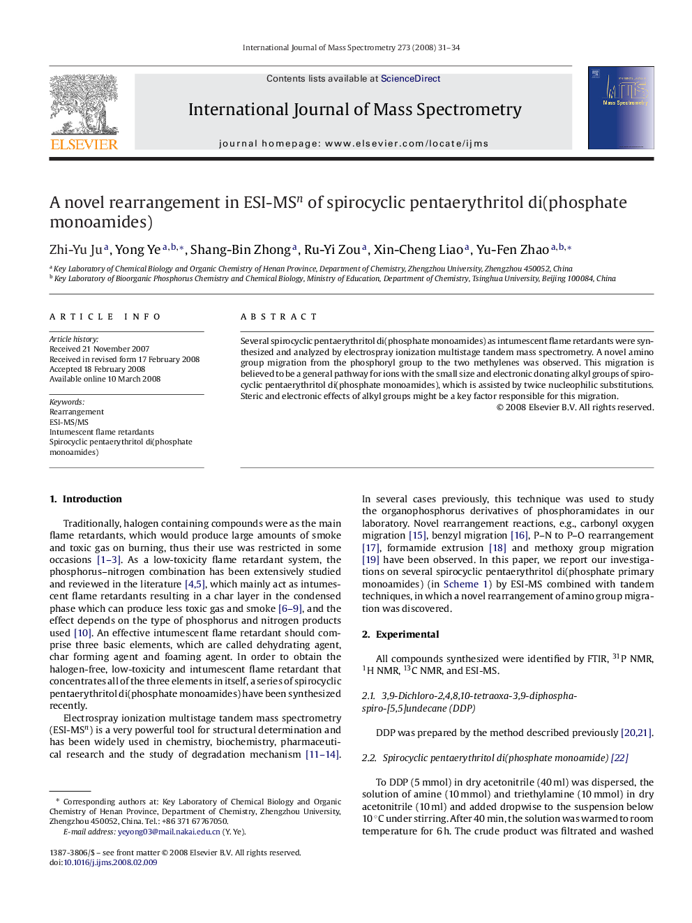 A novel rearrangement in ESI-MSn of spirocyclic pentaerythritol di(phosphate monoamides)