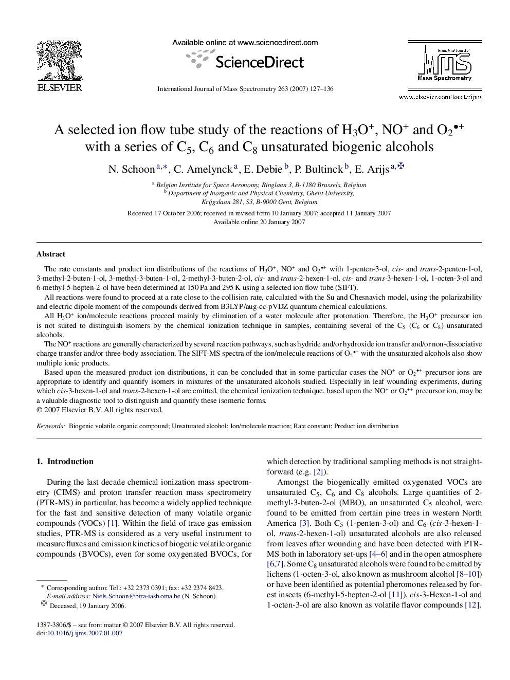 A selected ion flow tube study of the reactions of H3O+, NO+ and O2+ with a series of C5, C6 and C8 unsaturated biogenic alcohols