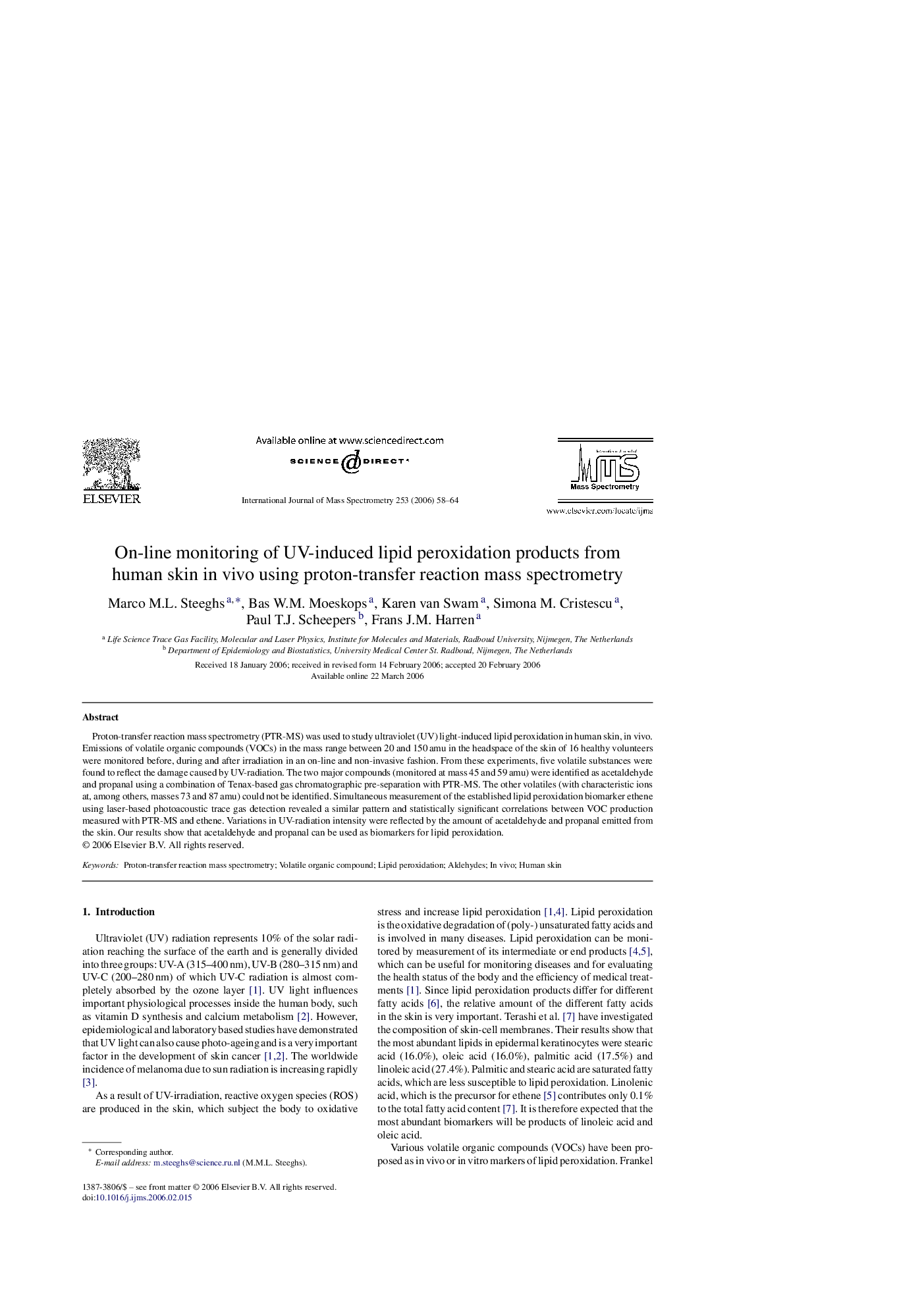 On-line monitoring of UV-induced lipid peroxidation products from human skin in vivo using proton-transfer reaction mass spectrometry