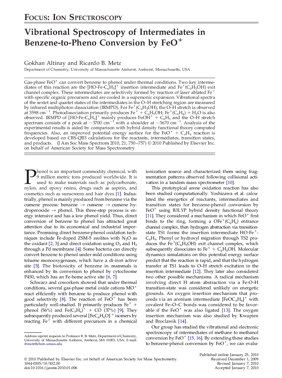 Vibrational Spectroscopy of Intermediates in Benzene-to-Pheno Conversion by FeO+