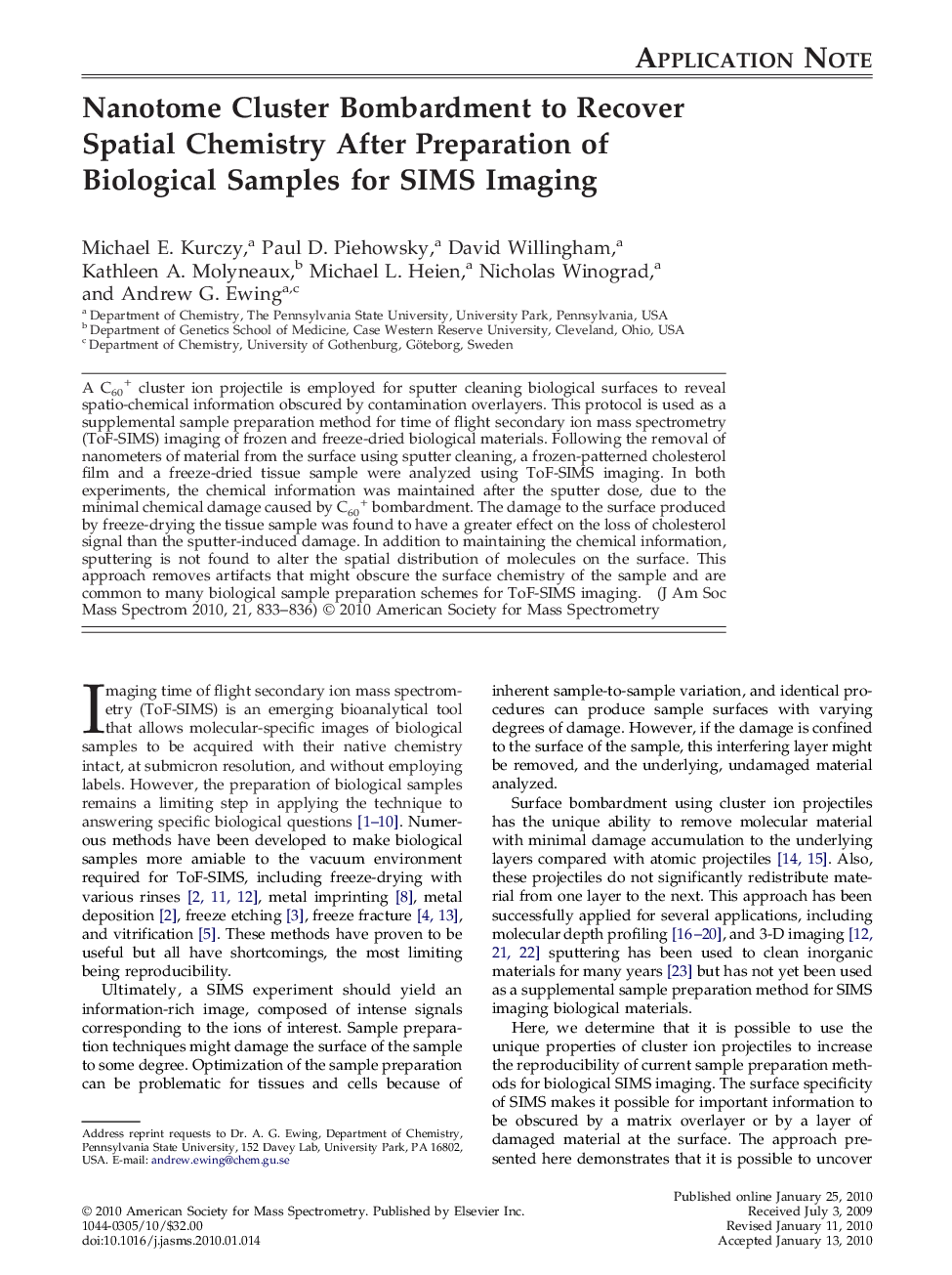Nanotome Cluster Bombardment to Recover Spatial Chemistry After Preparation of Biological Samples for SIMS Imaging 