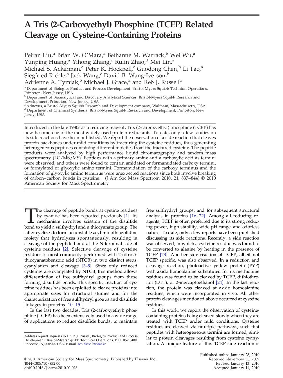 A Tris (2-Carboxyethyl) Phosphine (TCEP) Related Cleavage on Cysteine-Containing Proteins 