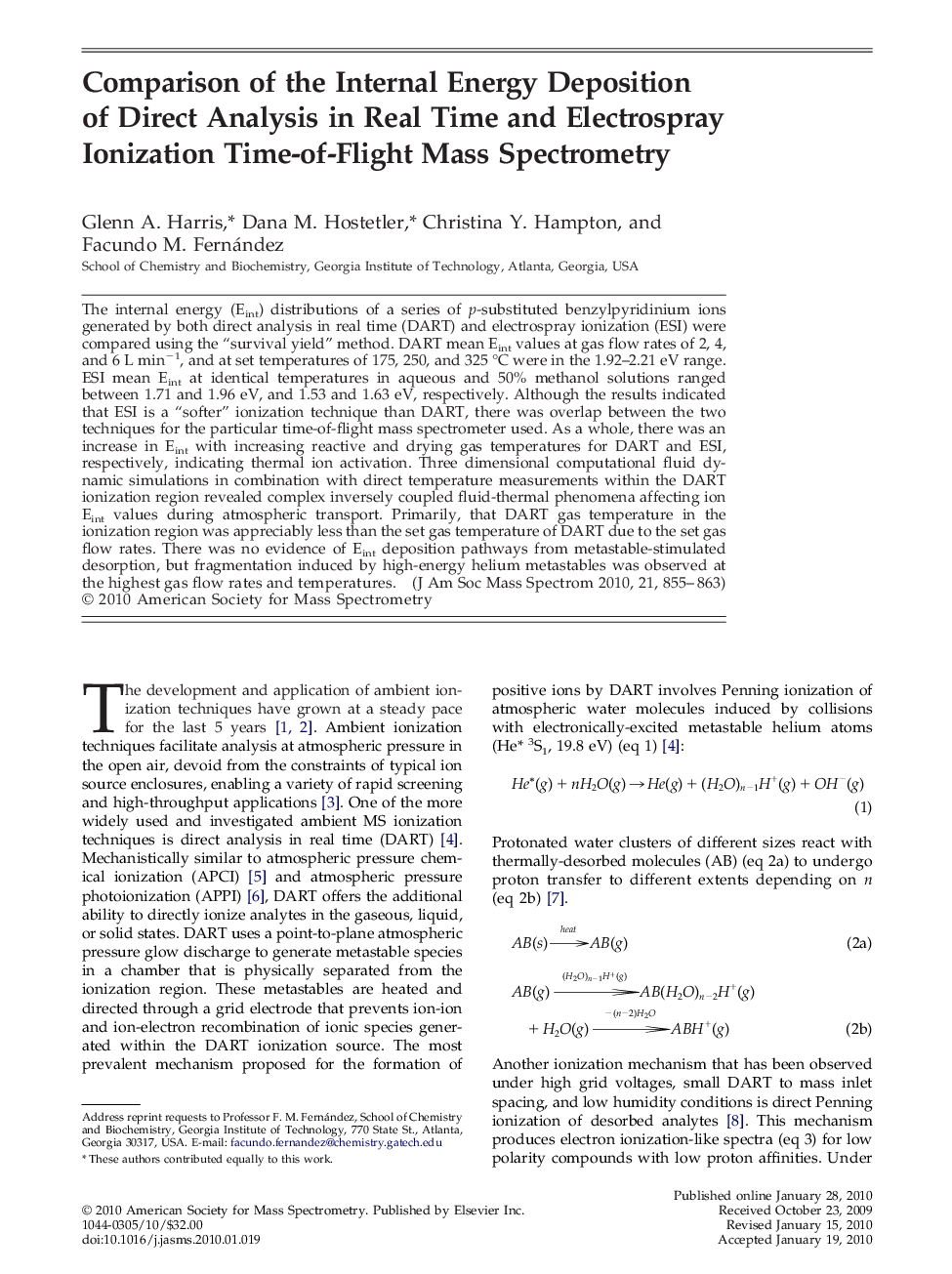 Comparison of the Internal Energy Deposition of Direct Analysis in Real Time and Electrospray Ionization Time-of-Flight Mass Spectrometry 
