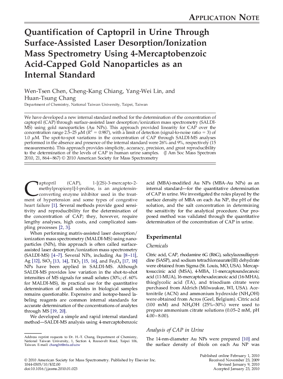 Quantification of Captopril in Urine Through Surface-Assisted Laser Desorption/Ionization Mass Spectrometry Using 4-Mercaptobenzoic Acid-Capped Gold Nanoparticles as an Internal Standard 