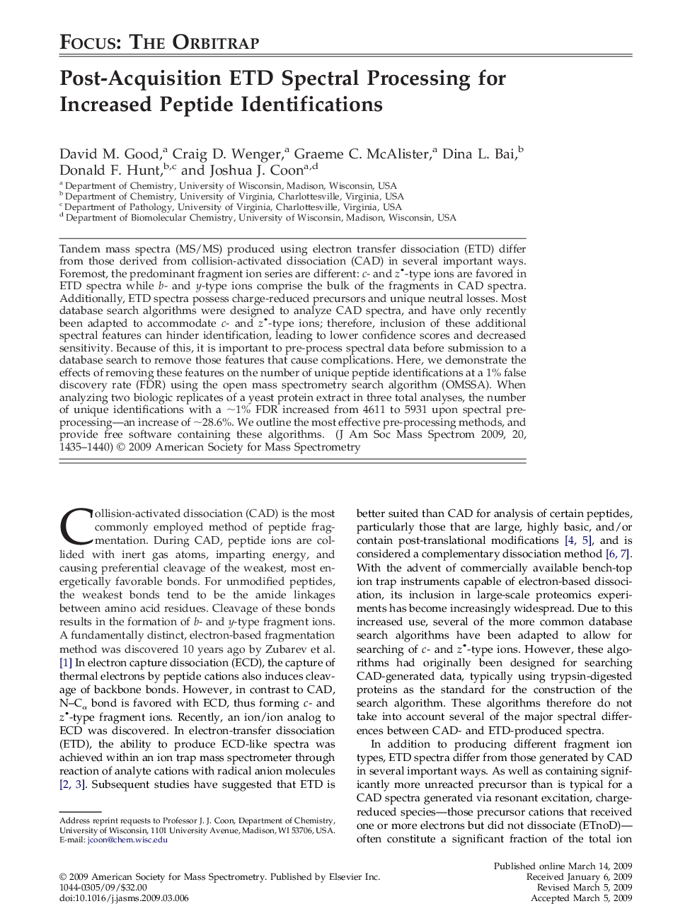 Post-Acquisition ETD Spectral Processing for Increased Peptide Identifications 