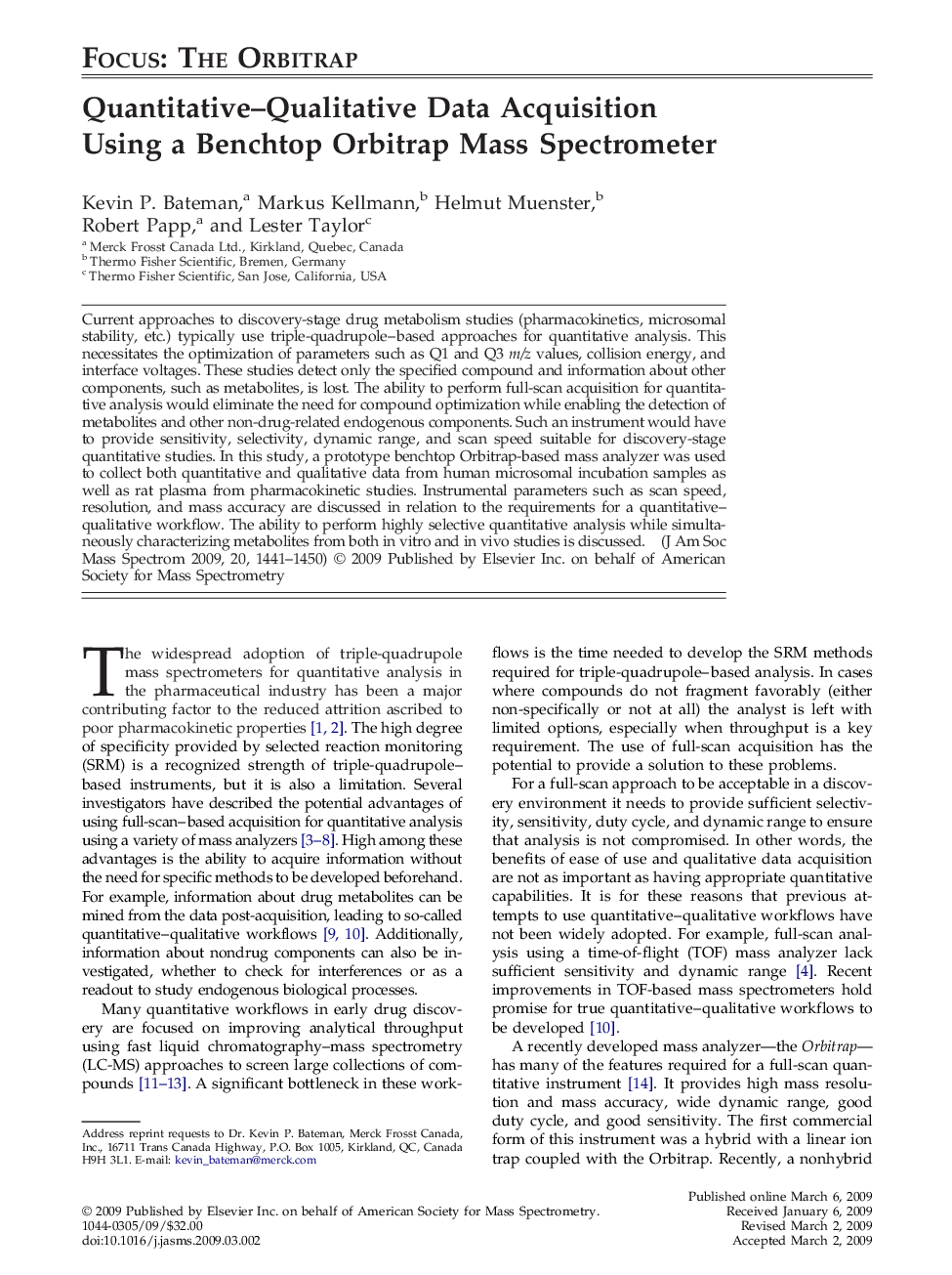Quantitative–Qualitative Data Acquisition Using a Benchtop Orbitrap Mass Spectrometer 