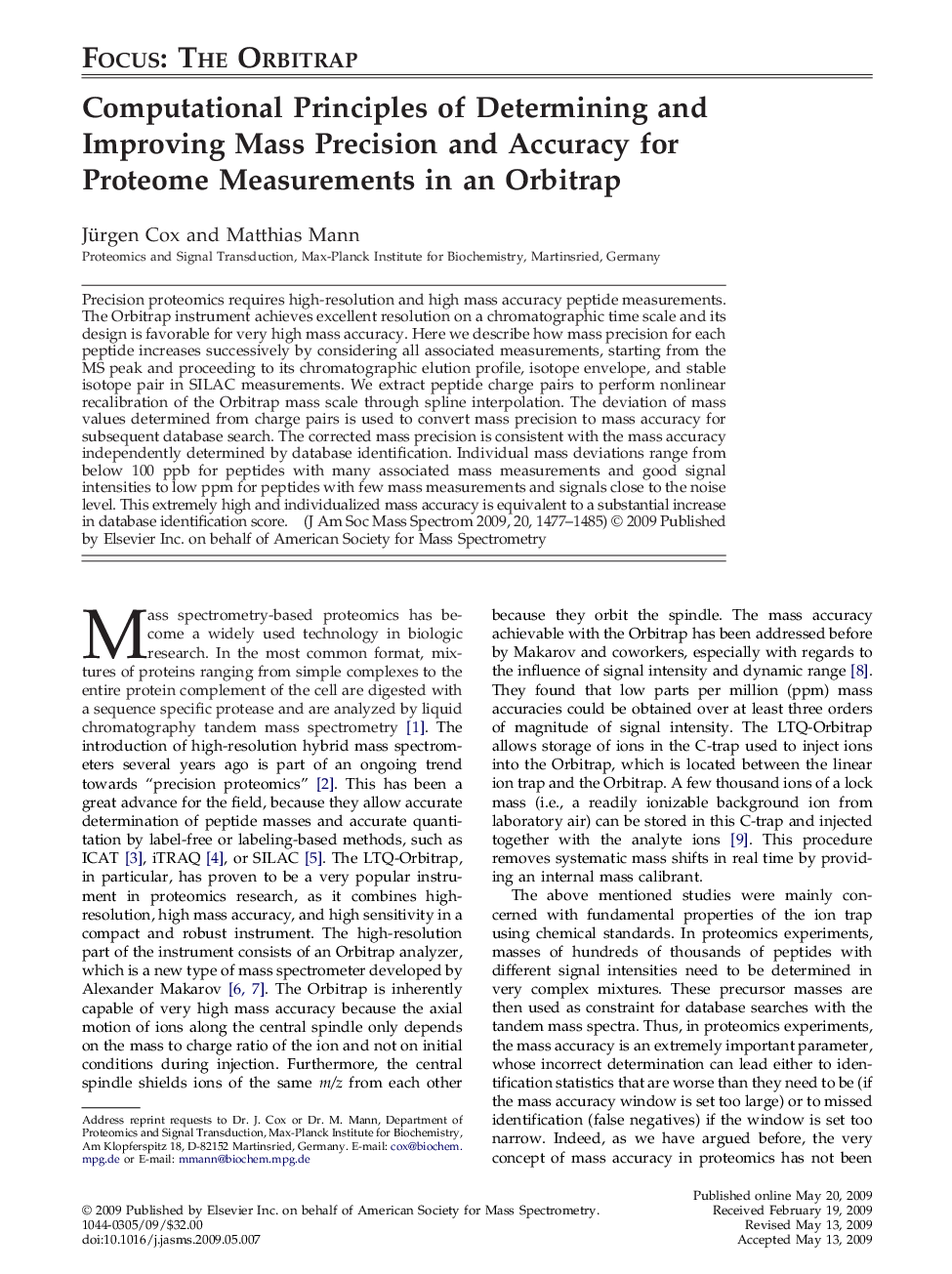 Computational Principles of Determining and Improving Mass Precision and Accuracy for Proteome Measurements in an Orbitrap 