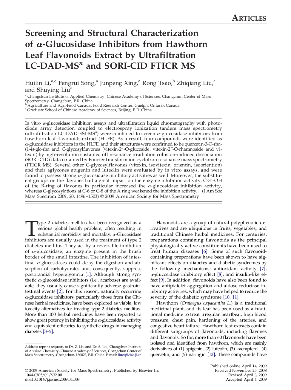 Screening and Structural Characterization of α-Glucosidase Inhibitors from Hawthorn Leaf Flavonoids Extract by Ultrafiltration LC-DAD-MSn and SORI-CID FTICR MS 