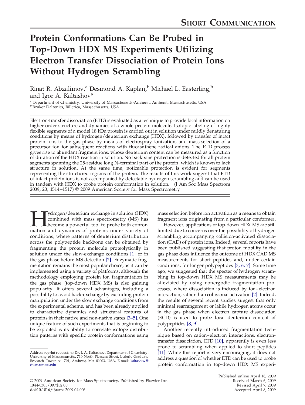 Protein Conformations Can Be Probed in Top-Down HDX MS Experiments Utilizing Electron Transfer Dissociation of Protein Ions Without Hydrogen Scrambling 