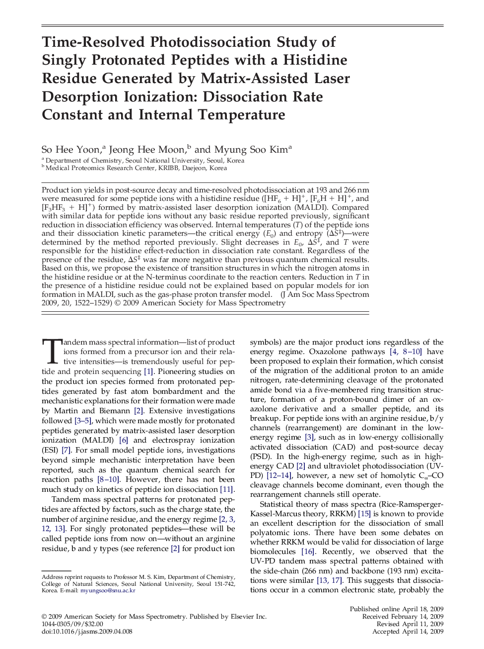 Time-Resolved Photodissociation Study of Singly Protonated Peptides with a Histidine Residue Generated by Matrix-Assisted Laser Desorption Ionization: Dissociation Rate Constant and Internal Temperature 