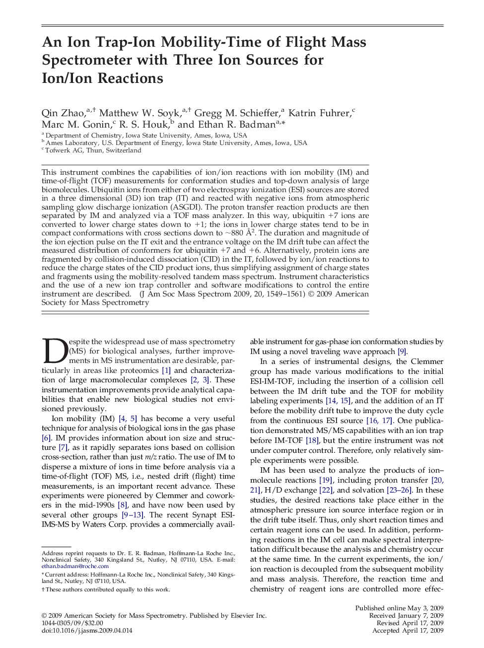 An Ion Trap-Ion Mobility-Time of Flight Mass Spectrometer with Three Ion Sources for Ion/Ion Reactions 