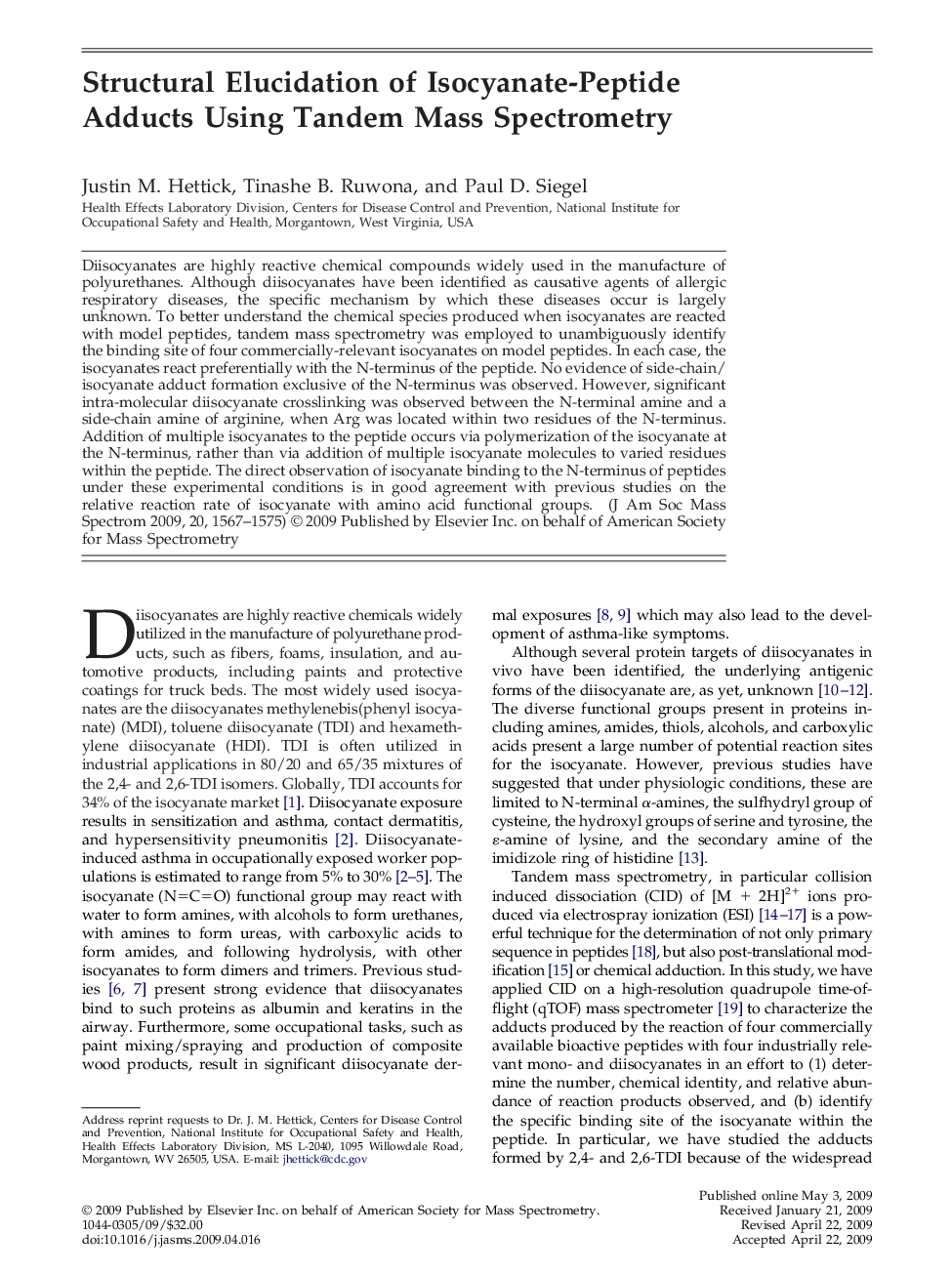 Structural Elucidation of Isocyanate-Peptide Adducts Using Tandem Mass Spectrometry 