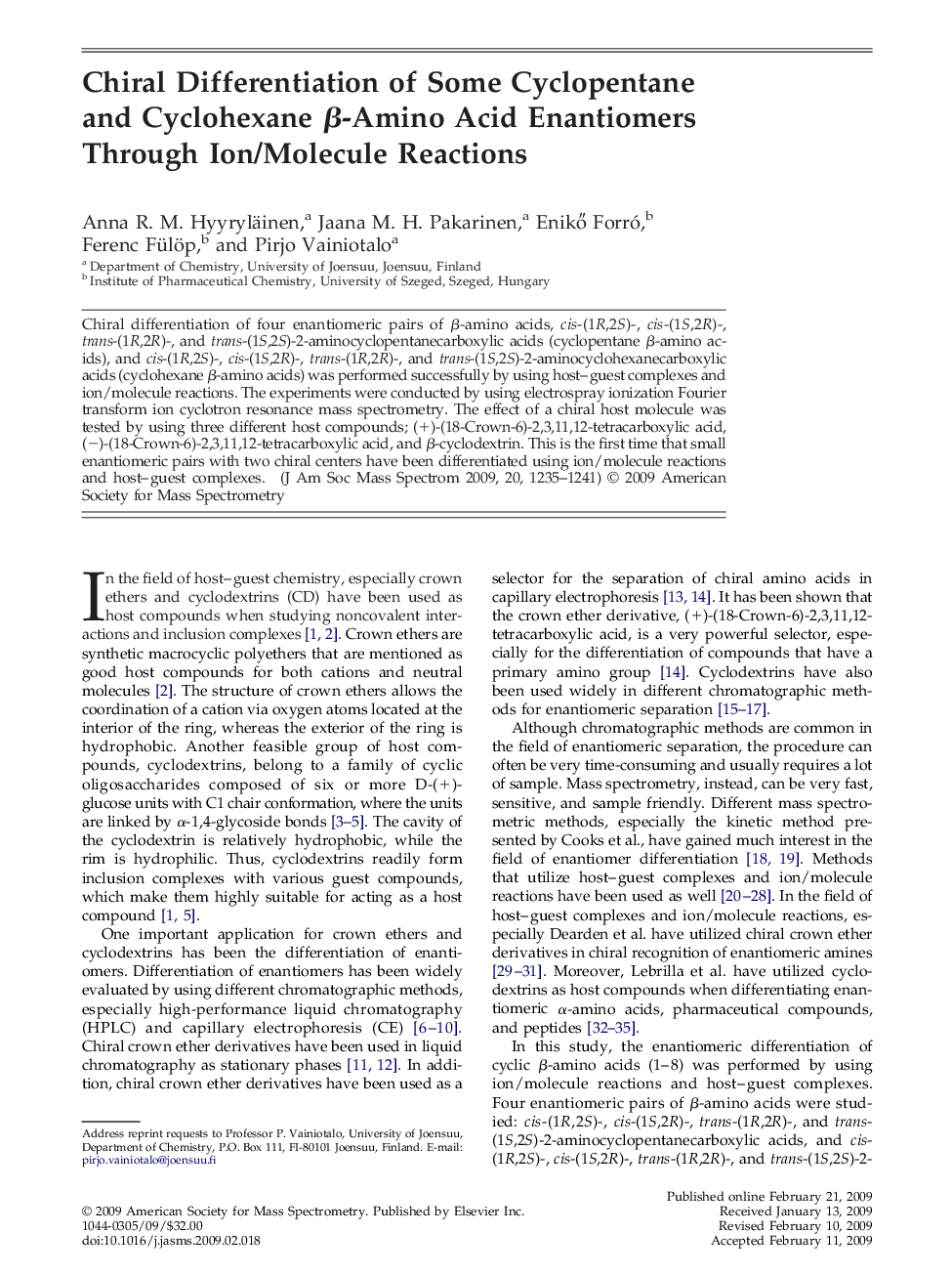 Chiral Differentiation of Some Cyclopentane and Cyclohexane β-Amino Acid Enantiomers Through Ion/Molecule Reactions 