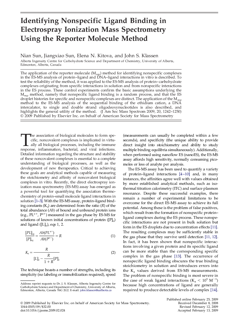 Identifying Nonspecific Ligand Binding in Electrospray Ionization Mass Spectrometry Using the Reporter Molecule Method 