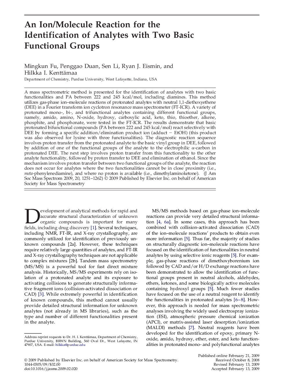 An Ion/Molecule Reaction for the Identification of Analytes with Two Basic Functional Groups 