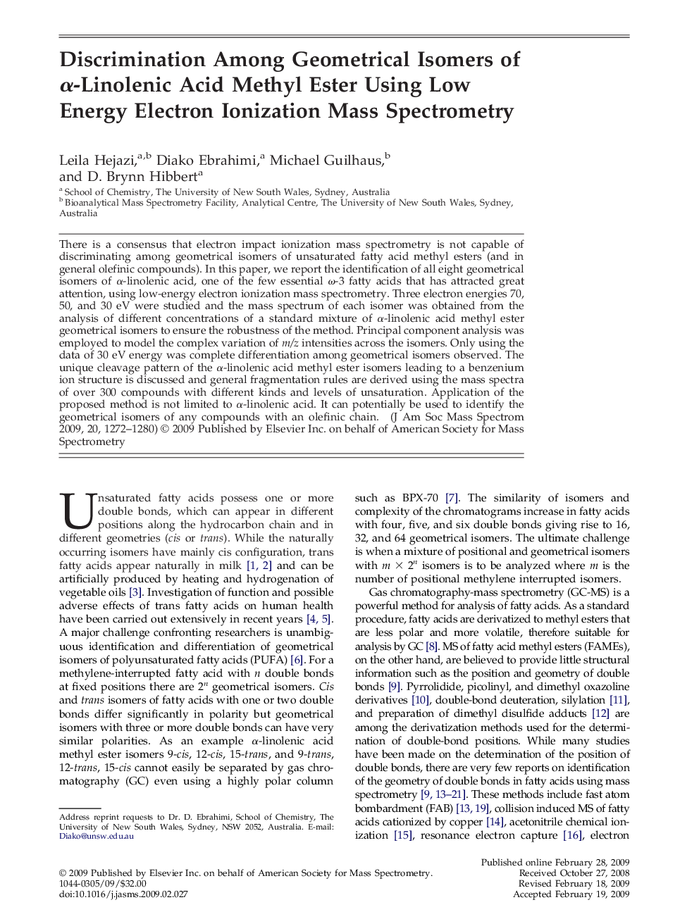 Discrimination Among Geometrical Isomers of α-Linolenic Acid Methyl Ester Using Low Energy Electron Ionization Mass Spectrometry 