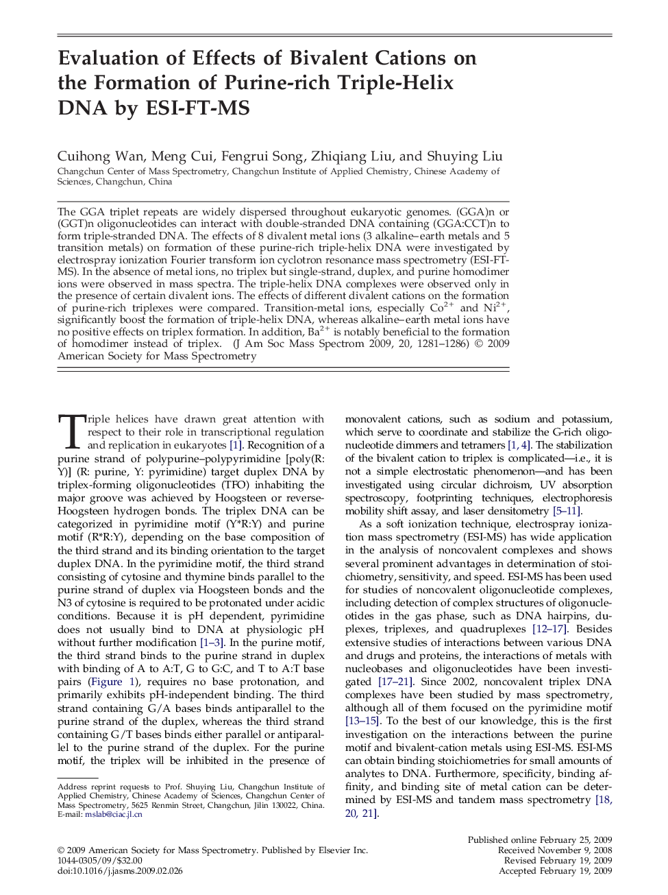 Evaluation of Effects of Bivalent Cations on the Formation of Purine-rich Triple-Helix DNA by ESI-FT-MS 