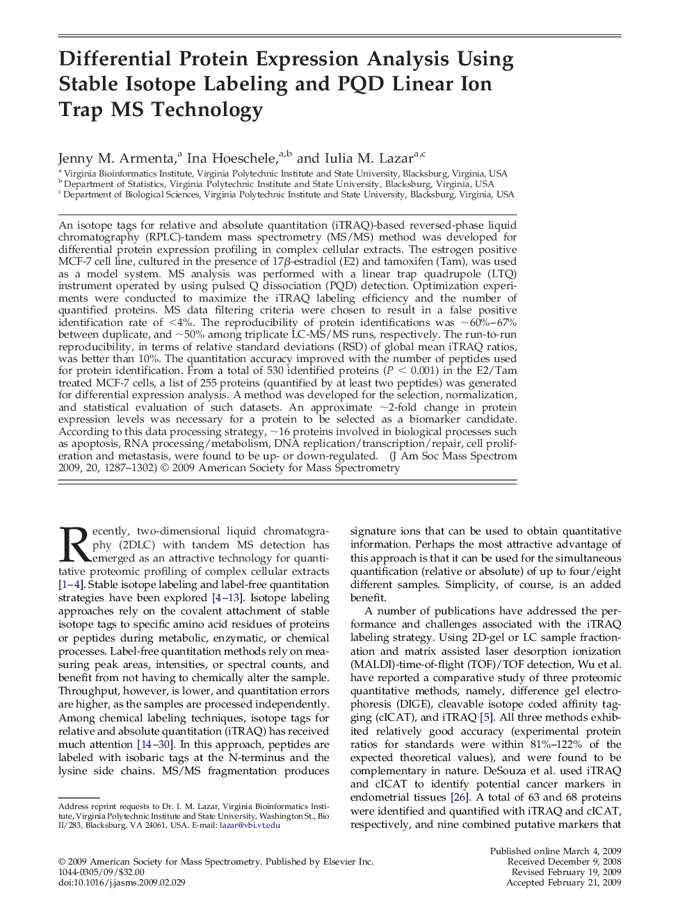 Differential Protein Expression Analysis Using Stable Isotope Labeling and PQD Linear Ion Trap MS Technology 