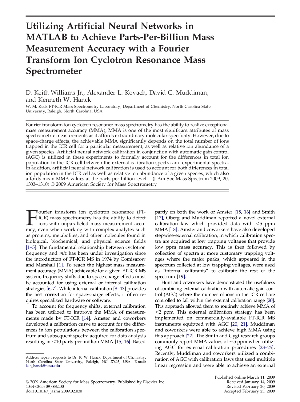 Utilizing Artificial Neural Networks in MATLAB to Achieve Parts-Per-Billion Mass Measurement Accuracy with a Fourier Transform Ion Cyclotron Resonance Mass Spectrometer 