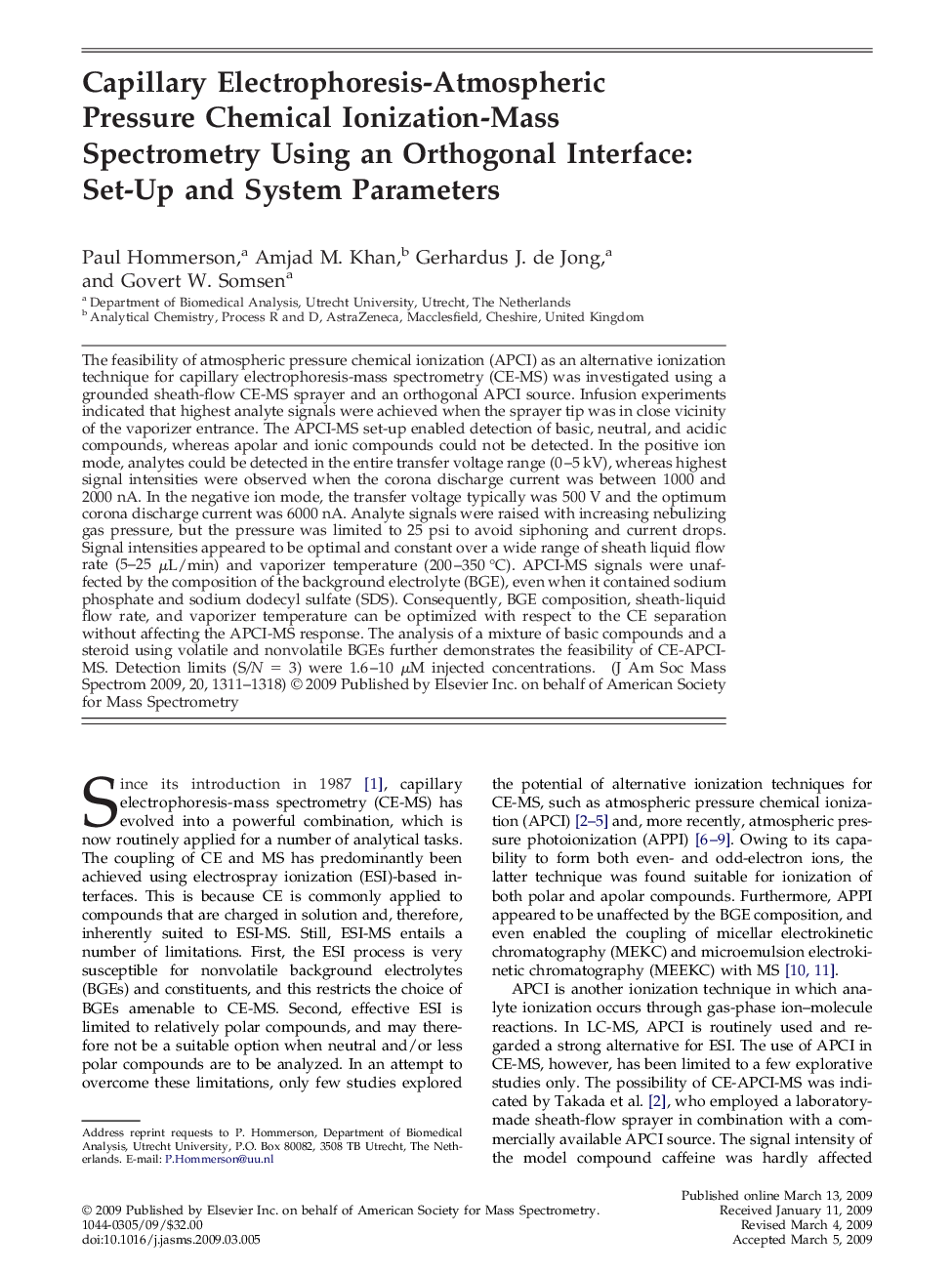 Capillary Electrophoresis-Atmospheric Pressure Chemical Ionization-Mass Spectrometry Using an Orthogonal Interface: Set-Up and System Parameters 