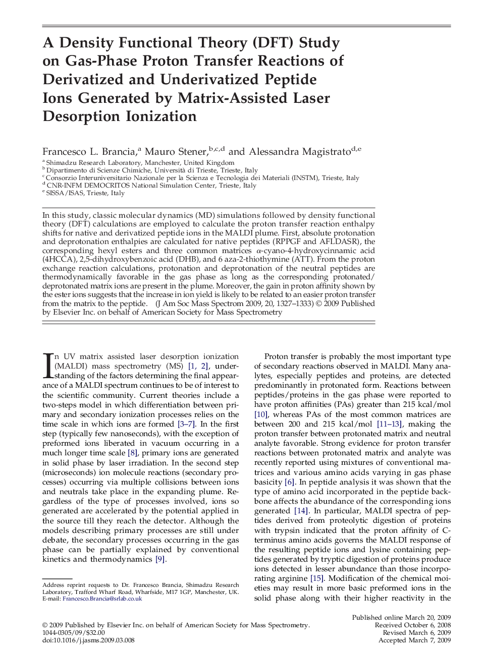 A Density Functional Theory (DFT) Study on Gas-Phase Proton Transfer Reactions of Derivatized and Underivatized Peptide Ions Generated by Matrix-Assisted Laser Desorption Ionization 