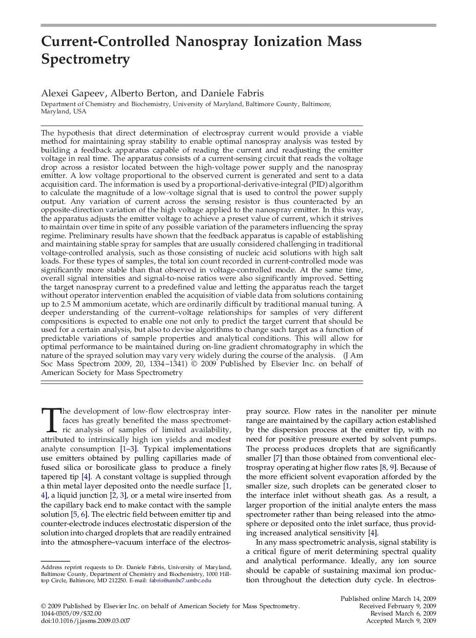 Current-Controlled Nanospray Ionization Mass Spectrometry 