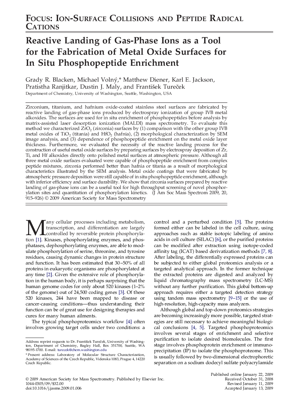 Reactive Landing of Gas-Phase Ions as a Tool for the Fabrication of Metal Oxide Surfaces for In Situ Phosphopeptide Enrichment 