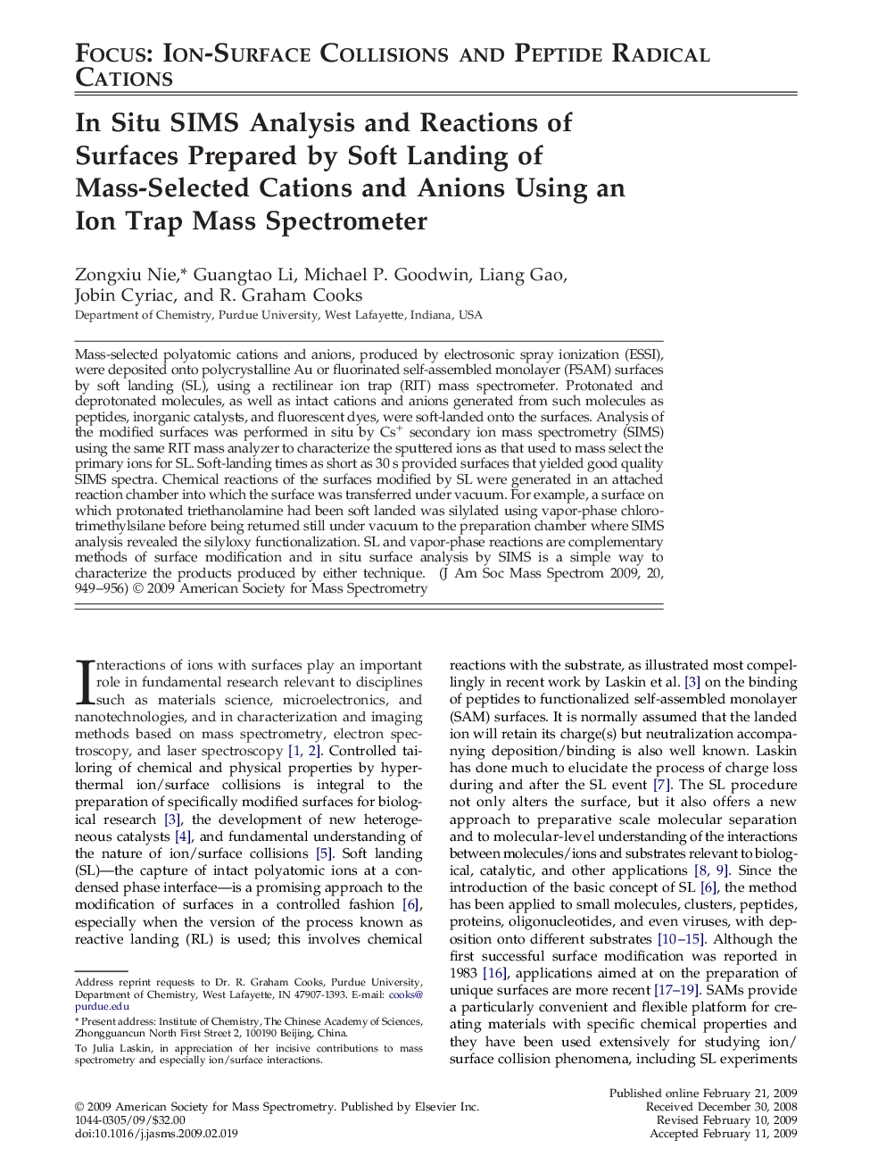 In Situ SIMS Analysis and Reactions of Surfaces Prepared by Soft Landing of Mass-Selected Cations and Anions Using an Ion Trap Mass Spectrometer 
