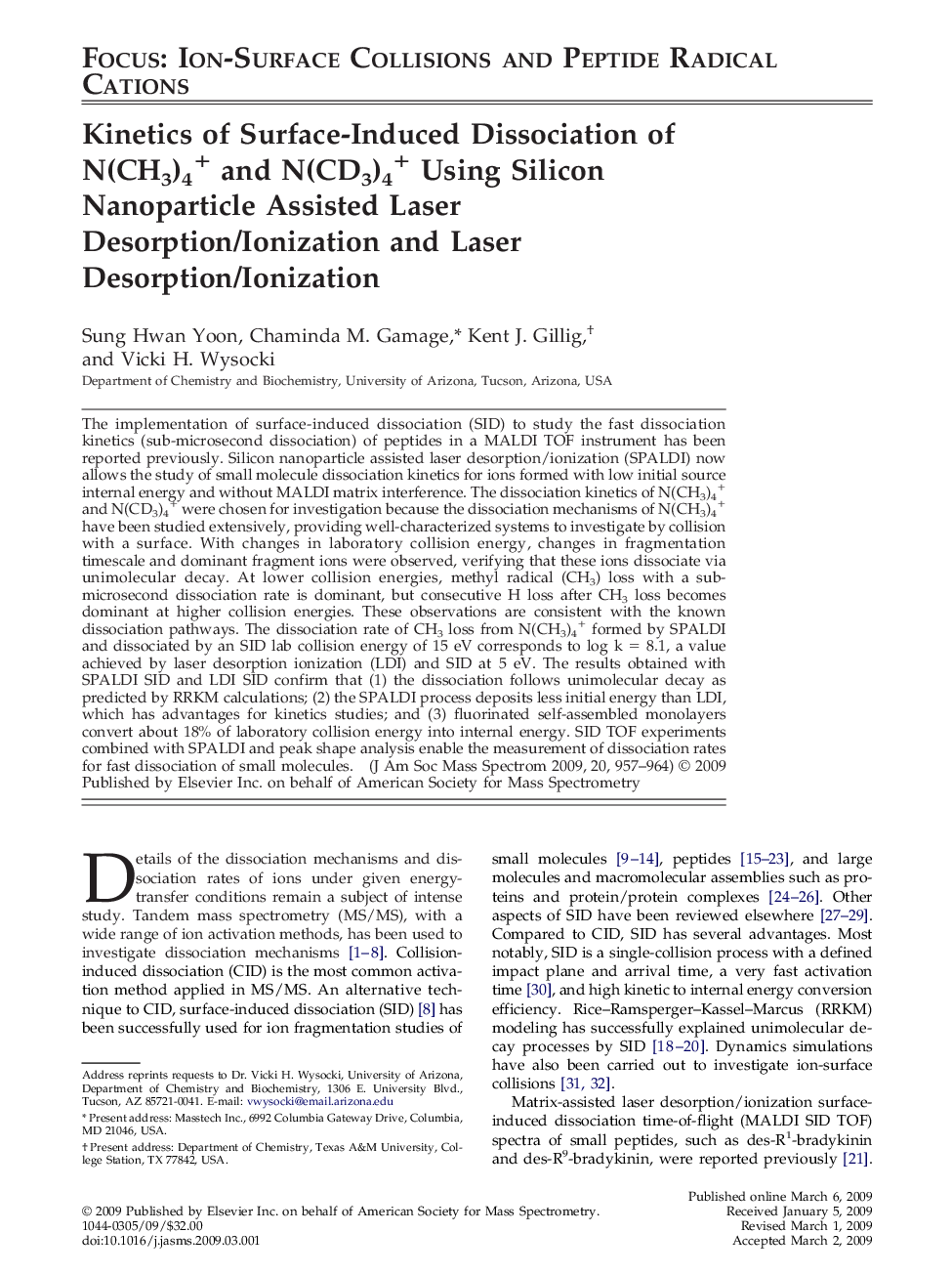 Kinetics of Surface-Induced Dissociation of N(CH3)4+ and N(CD3)4+ Using Silicon Nanoparticle Assisted Laser Desorption/Ionization and Laser Desorption/Ionization 