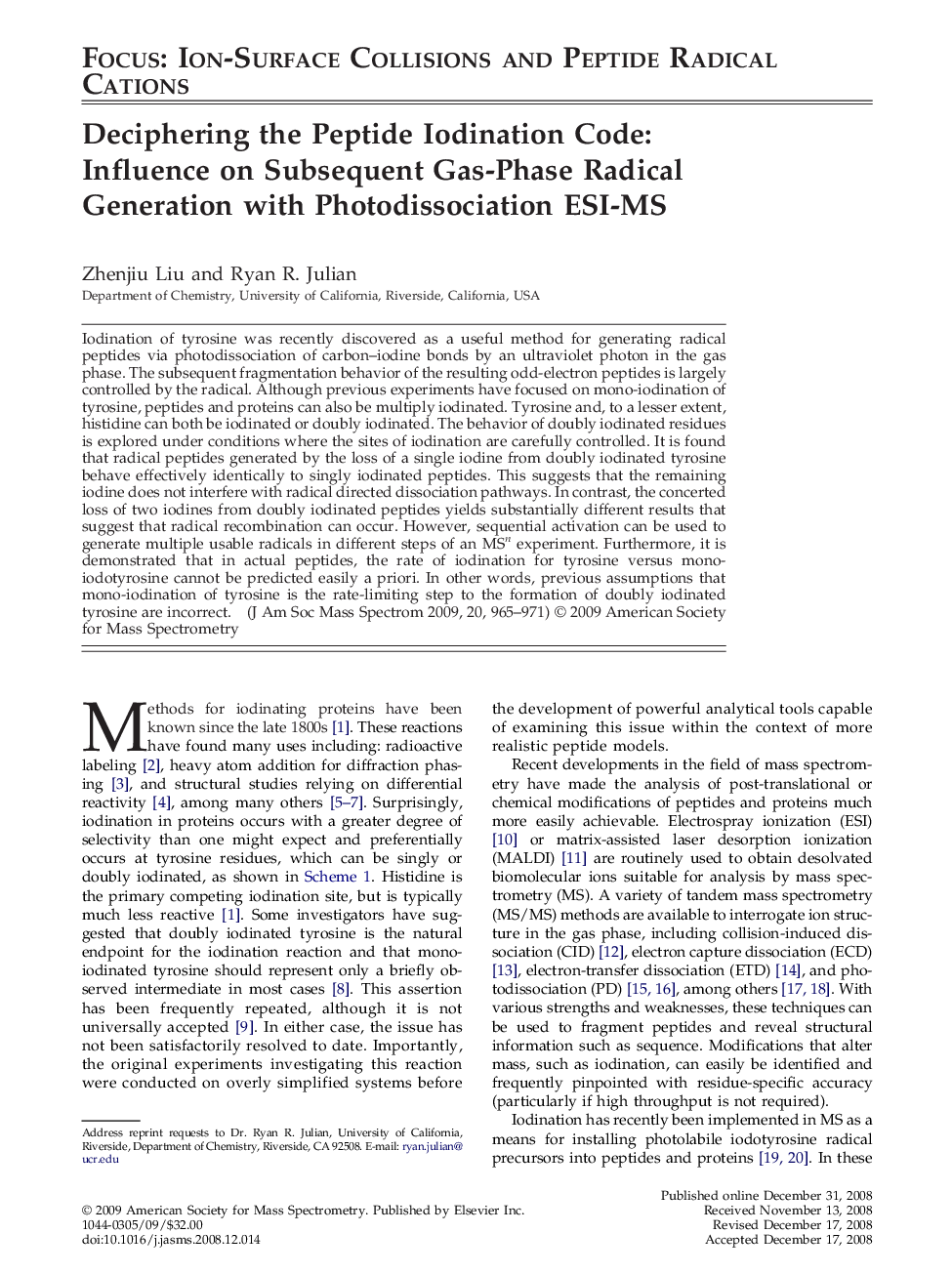 Deciphering the Peptide Iodination Code: Influence on Subsequent Gas-Phase Radical Generation with Photodissociation ESI-MS 